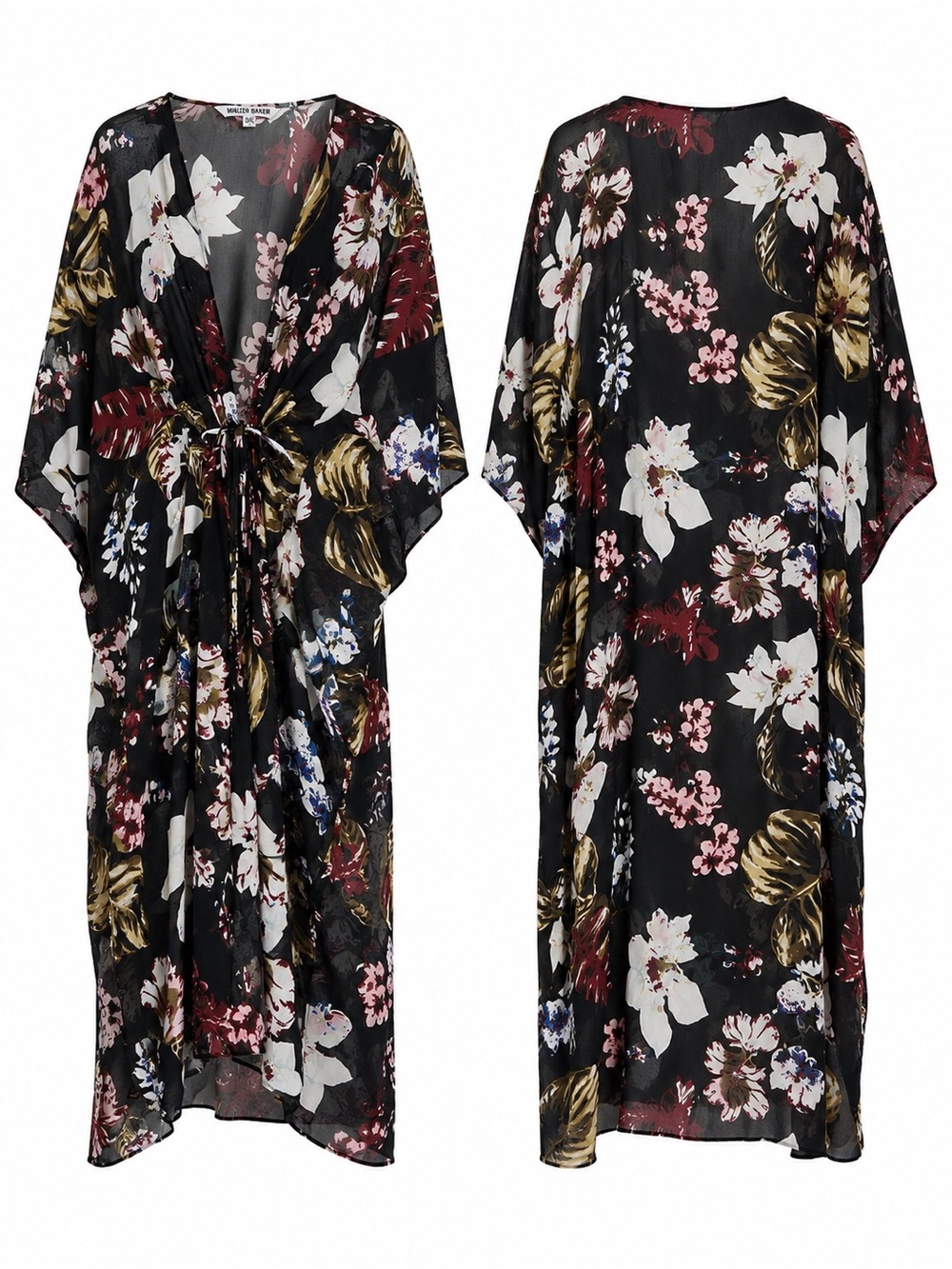 Walter Baker Tulum Floral Caftan Kimono Cover Up OS Black Tropical Resort Duster - Picture 3 of 13